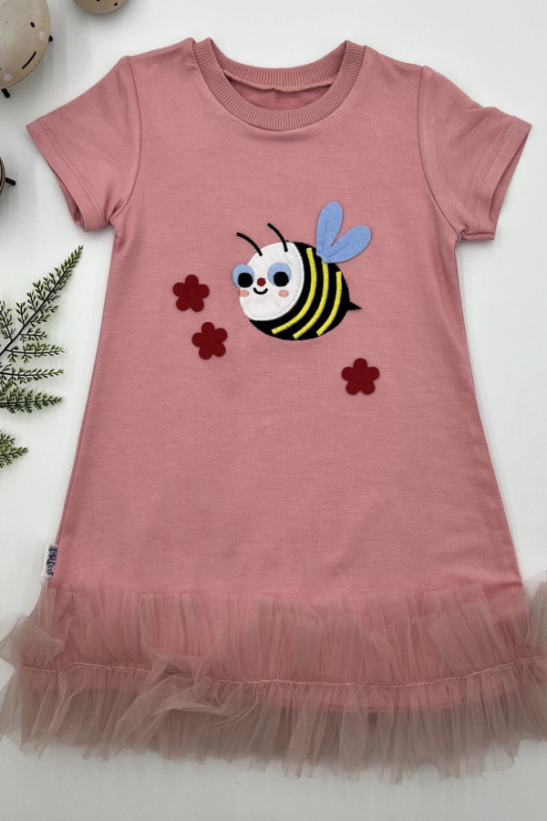 1-2-3 Yaş Arıcık Nakışlı Eteği Fırfırlı Jile Kız Çocuk Elbisesi Gül Kurusu