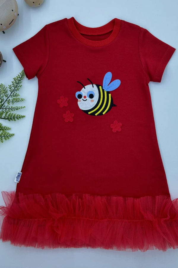 1-2-3 Yaş Arıcık Nakışlı Eteği Fırfırlı Jile Kız Çocuk Elbisesi Kırmızı