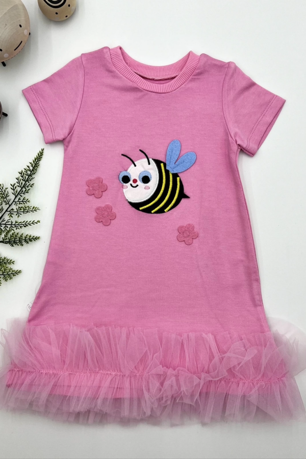 1-2-3 Yaş Arıcık Nakışlı Eteği Fırfırlı Jile Kız Çocuk Elbisesi Pembe
