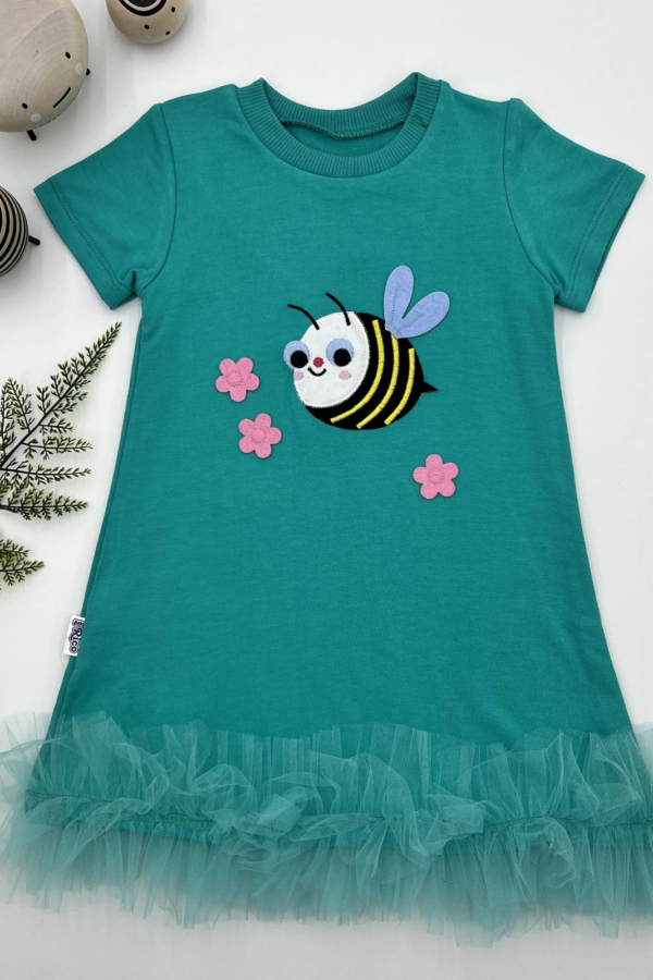 1-2-3 Yaş Arıcık Nakışlı Eteği Fırfırlı Jile Kız Çocuk Elbisesi Turkuaz