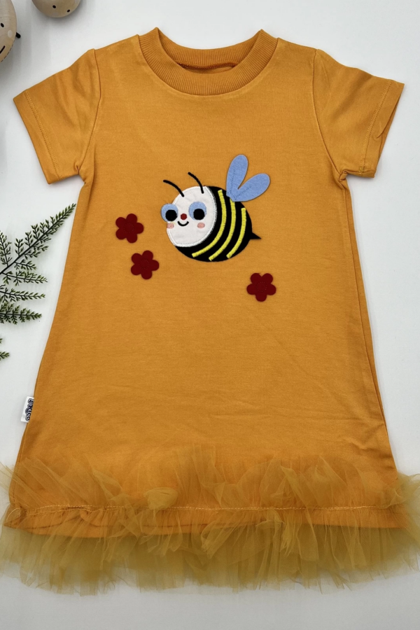 1-2-3 Yaş Arıcık Nakışlı Eteği Fırfırlı Jile Kız Çocuk Elbisesi Turuncu