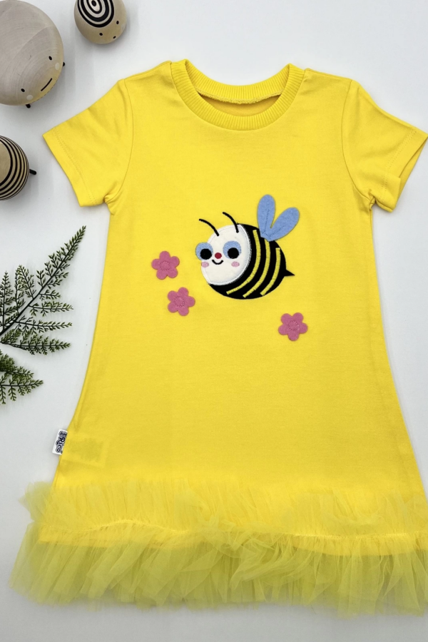 1-2-3 Yaş Arıcık Nakışlı Eteği Fırfırlı Jile Kız Çocuk Elbisesi Sarı