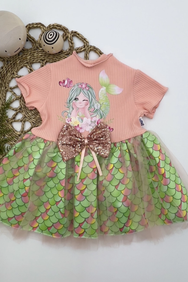 1-2-3 Yaş Denizkızı Baskılı Pul Desen Etekli Kız Bebek Elbisesi Pudra