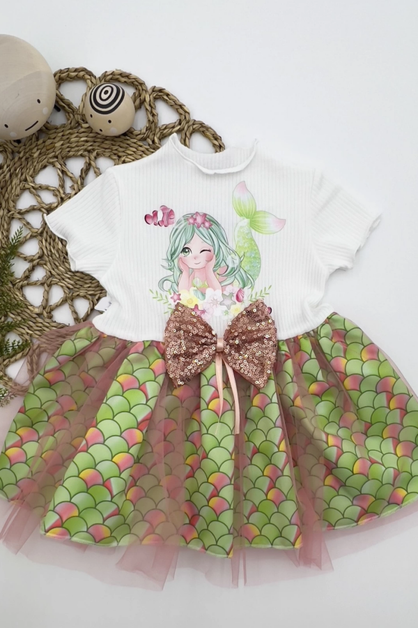 1-2-3 Yaş Denizkızı Baskılı Pul Desen Etekli Kız Bebek Elbisesi Ekru