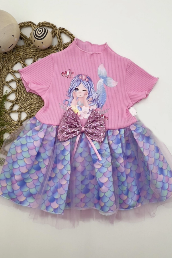 1-2-3 Yaş Denizkızı Baskılı Pul Desen Etekli Kız Bebek Elbisesi Pembe