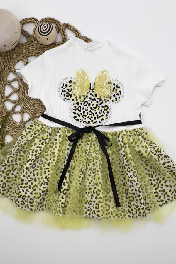 1-2-3 Yaş Fiyonklu Mickey Astarlı Etekli Kız Bebek Tütü Elbisesi Sarı-ekru