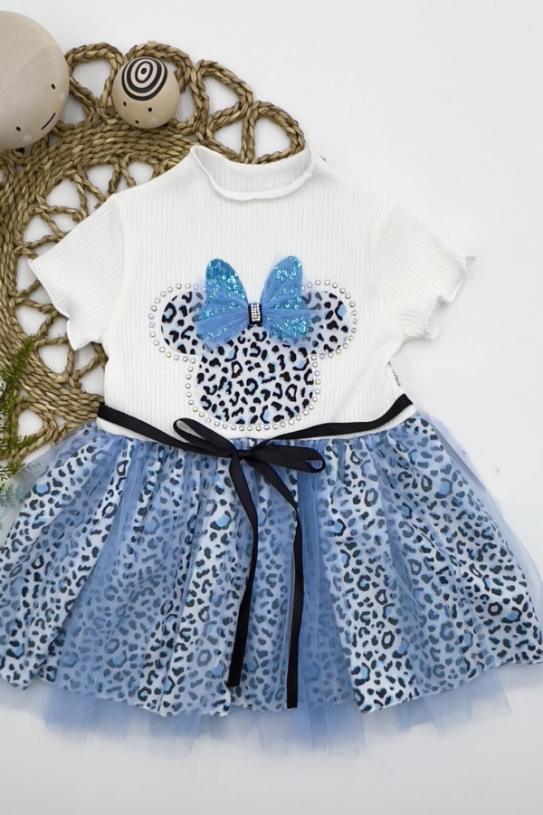 1-2-3 Yaş Fiyonklu Mickey Astarlı Etekli Kız Bebek Tütü Elbisesi Turkuaz-ekru