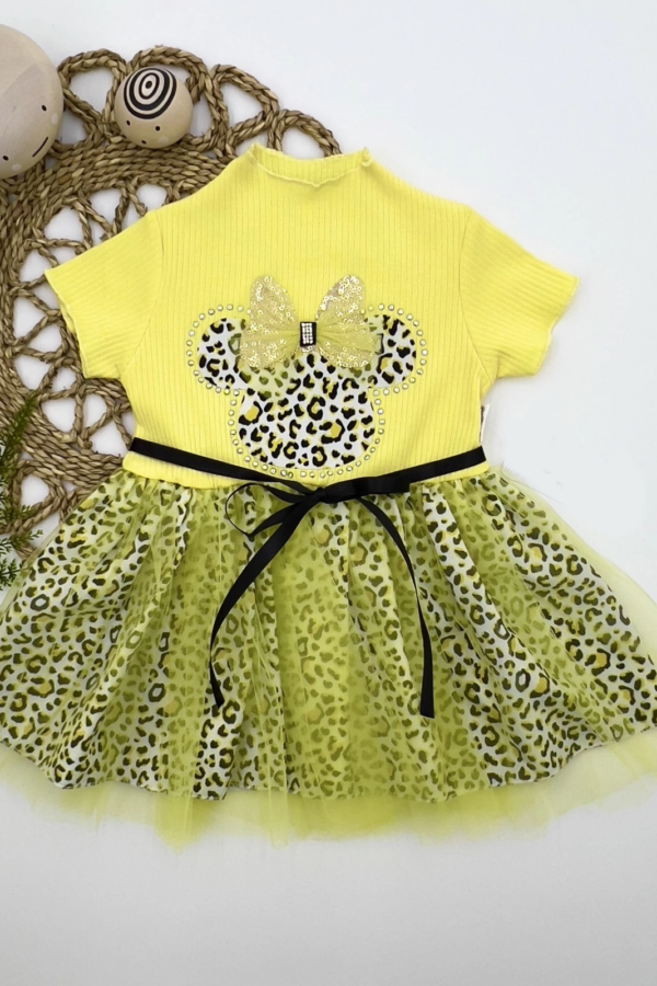 1-2-3 Yaş Fiyonklu Mickey Astarlı Etekli Kız Bebek Tütü Elbisesi Sarı