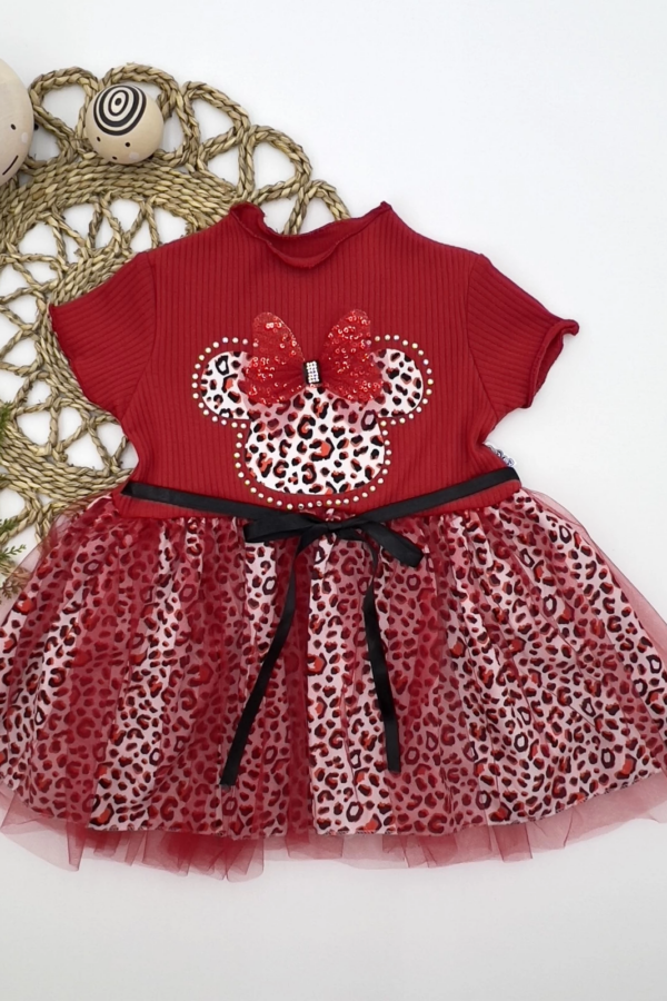 1-2-3 Yaş Fiyonklu Mickey Astarlı Etekli Kız Bebek Tütü Elbisesi Kırmızı