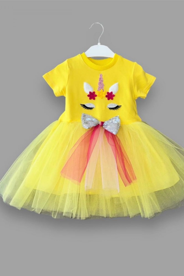 1-2-3 Yaş Gökkuşağı Kuyruklu Payet Pony Nakışlı Kız Bebek Tütü Elbisesi Sarı