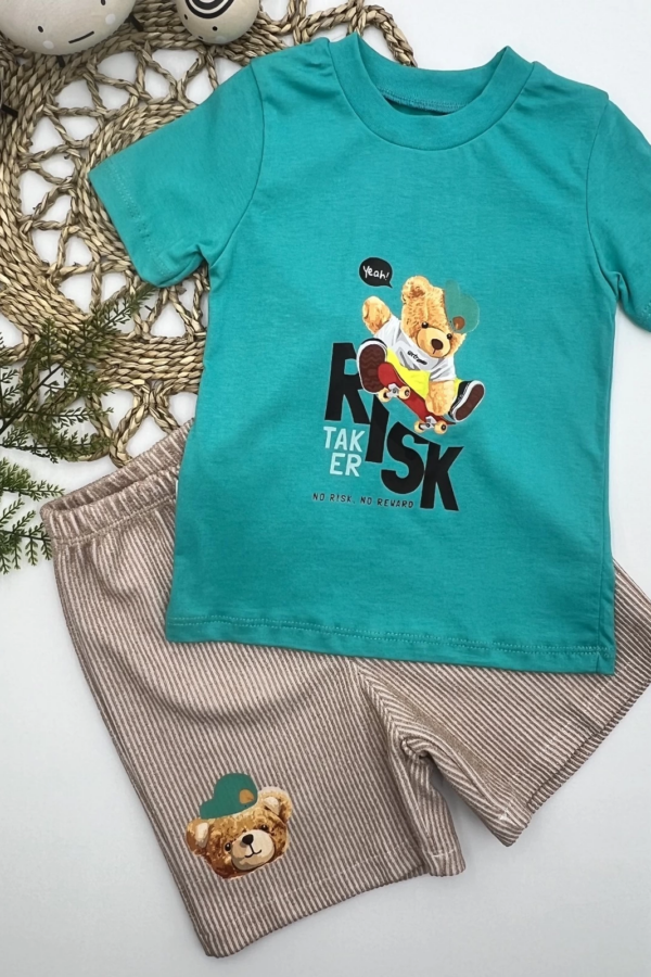 1-2-3 Yaş Kaykaycı Ayı Baskılı Şortlu Kısa Kollu Tişört 2li Erkek Bebek Takımı Turkuaz