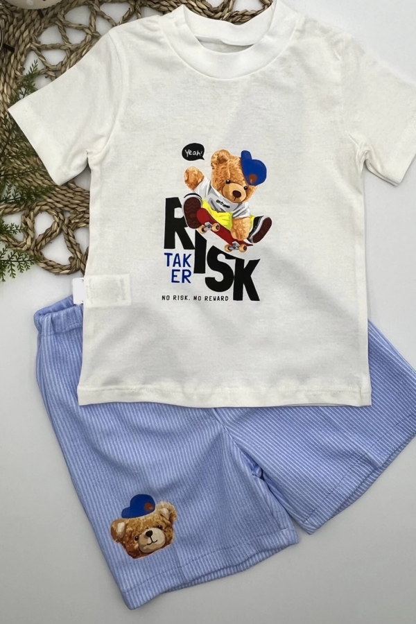 1-2-3 Yaş Kaykaycı Ayı Baskılı Şortlu Kısa Kollu Tişört 2li Erkek Bebek Takımı Ekru