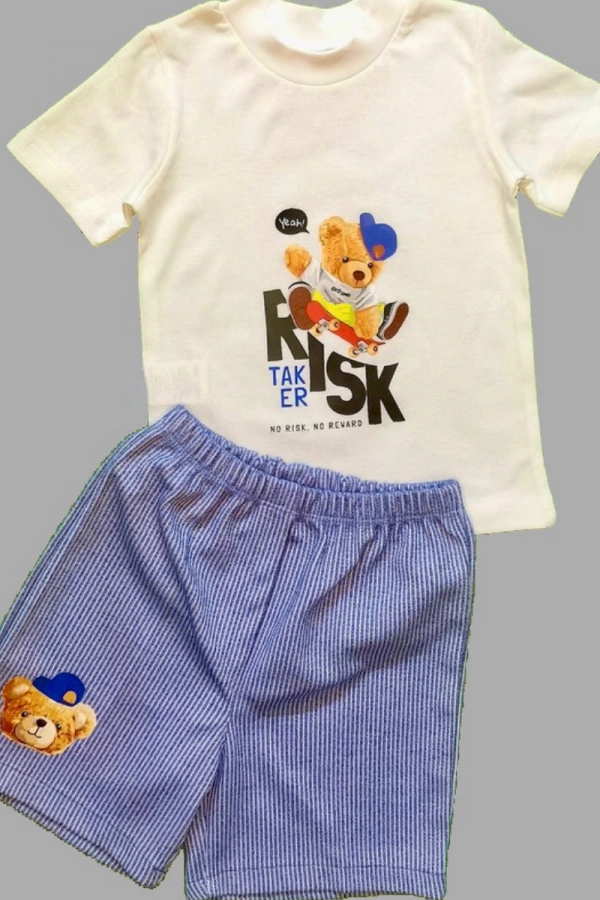 1-2-3 Yaş Kaykaycı Ayı Baskılı Şortlu Kısa Kollu Tişört 2li Erkek Bebek Takımı İndigo