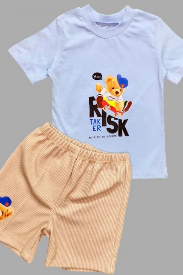 1-2-3 Yaş Kaykaycı Ayı Baskılı Şortlu Kısa Kollu Tişört 2li Erkek Bebek Takımı Mavi