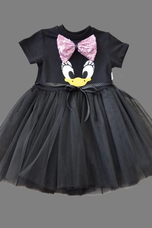 1-2-3 Yaş Payet Fiyonk Tokalı Ördek Nakışlı Astarlı Kız Bebek Tütü Elbisesi Siyah