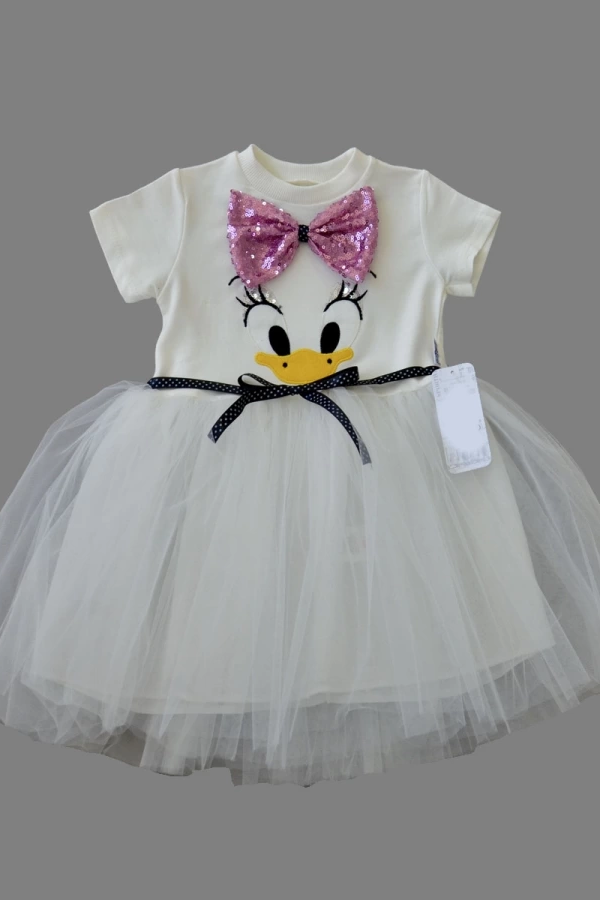 1-2-3 Yaş Payet Fiyonk Tokalı Ördek Nakışlı Astarlı Kız Bebek Tütü Elbisesi Beyaz