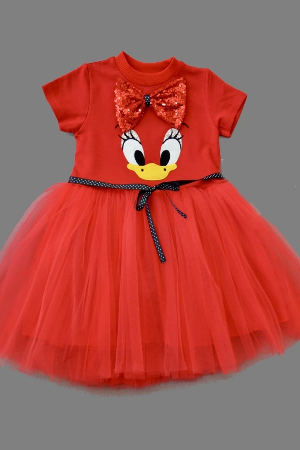 1-2-3 Yaş Payet Fiyonk Tokalı Ördek Nakışlı Astarlı Kız Bebek Tütü Elbisesi Kırmızı