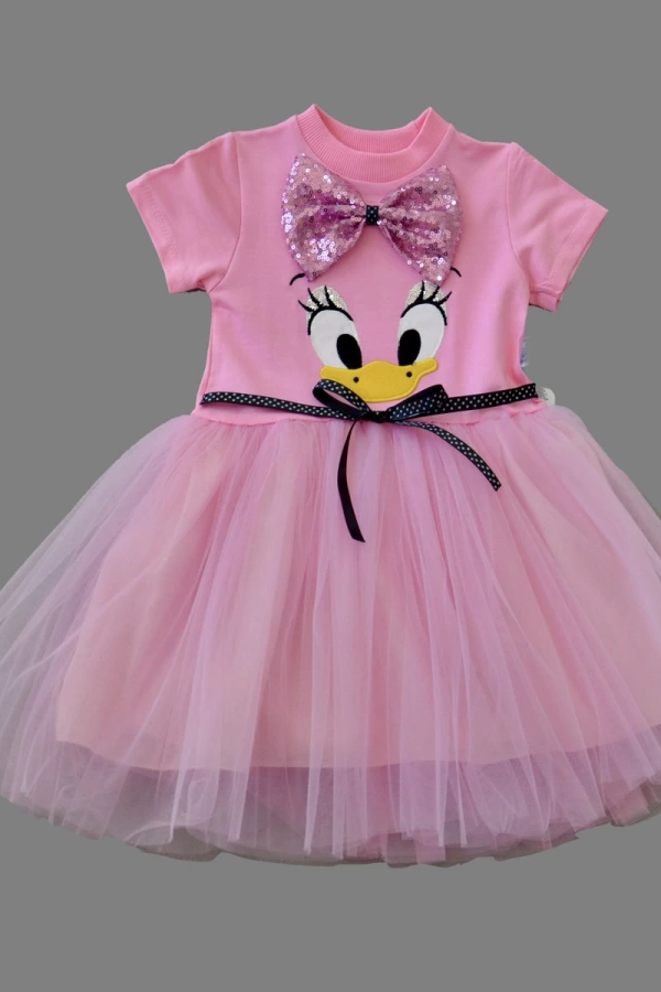 1-2-3 Yaş Payet Fiyonk Tokalı Ördek Nakışlı Astarlı Kız Bebek Tütü Elbisesi Pembe