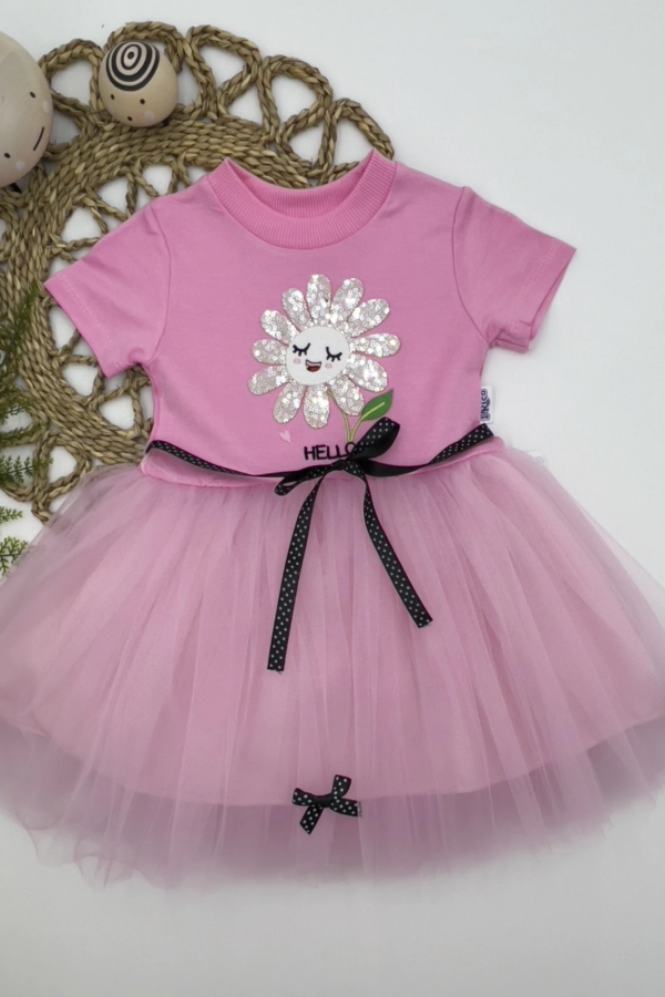 1-2-3 Yaş Payet Yapraklı Çiçek Nakışlı Astarlı Kız Bebek Tütü Elbisesi Pembe