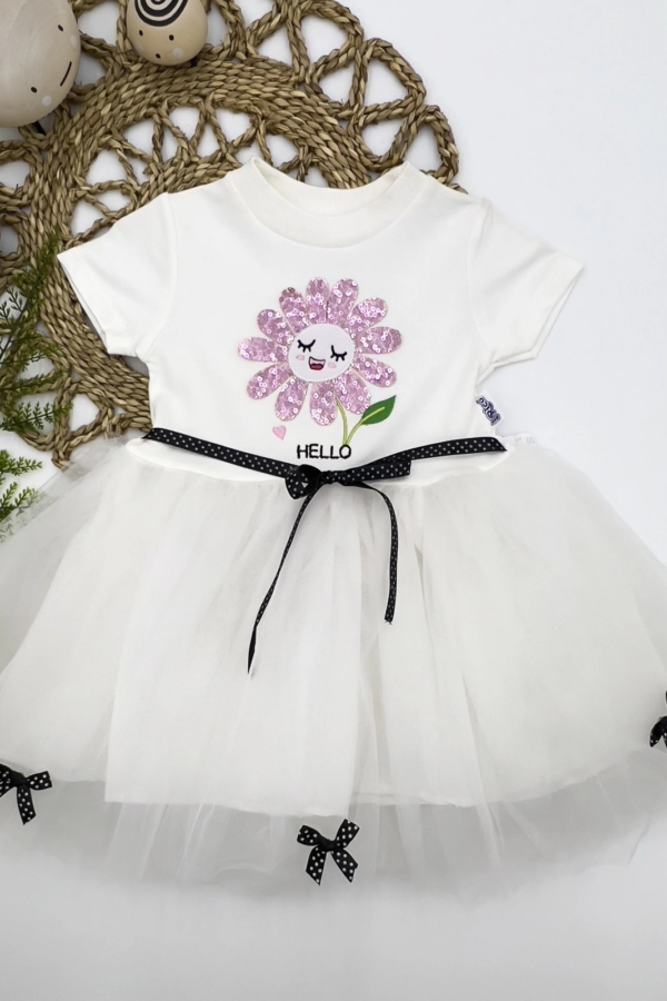 1-2-3 Yaş Payet Yapraklı Çiçek Nakışlı Astarlı Kız Bebek Tütü Elbisesi Beyaz