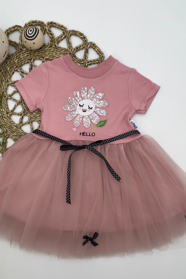 1-2-3 Yaş Payet Yapraklı Çiçek Nakışlı Astarlı Kız Bebek Tütü Elbisesi Gül Kurusu