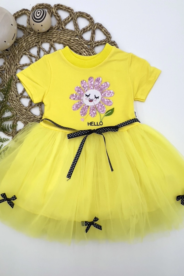 1-2-3 Yaş Payet Yapraklı Çiçek Nakışlı Astarlı Kız Bebek Tütü Elbisesi Sarı