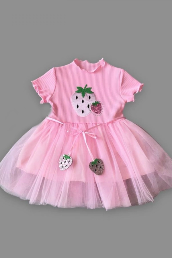 1-2-3 Yaş Payetli Çilek Baskılı Çilek Kuşaklı Kız Bebek Elbisesi Pembe