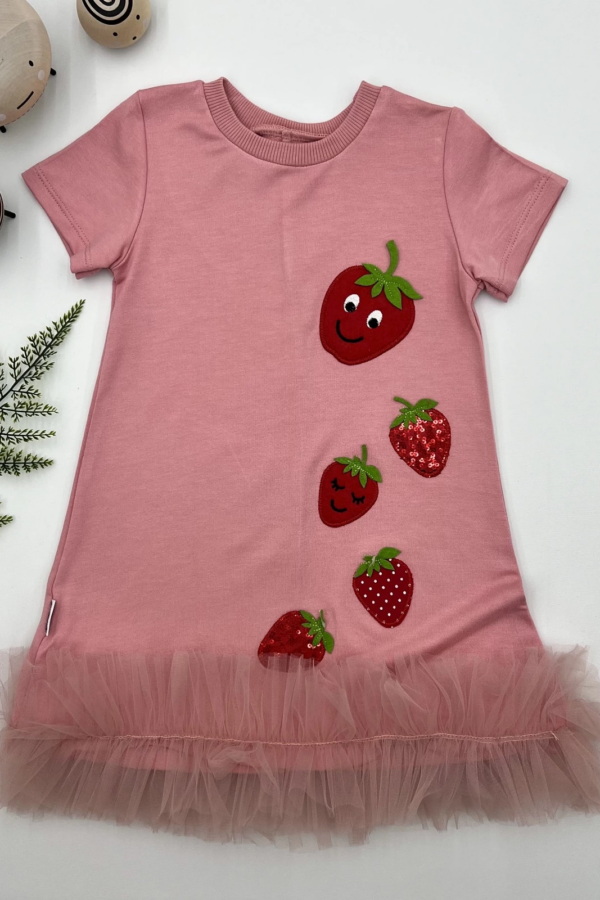 1-2-3 Yaş Payetli Çilekler Nakışlı Eteği Fırfırlı Jile Kız Çocuk Elbisesi Gül Kurusu