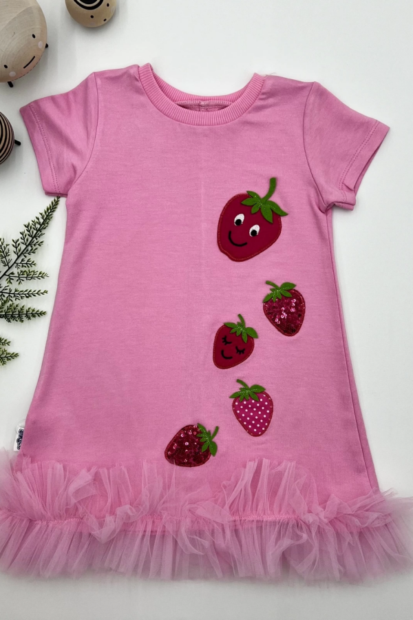 1-2-3 Yaş Payetli Çilekler Nakışlı Eteği Fırfırlı Jile Kız Çocuk Elbisesi Pembe