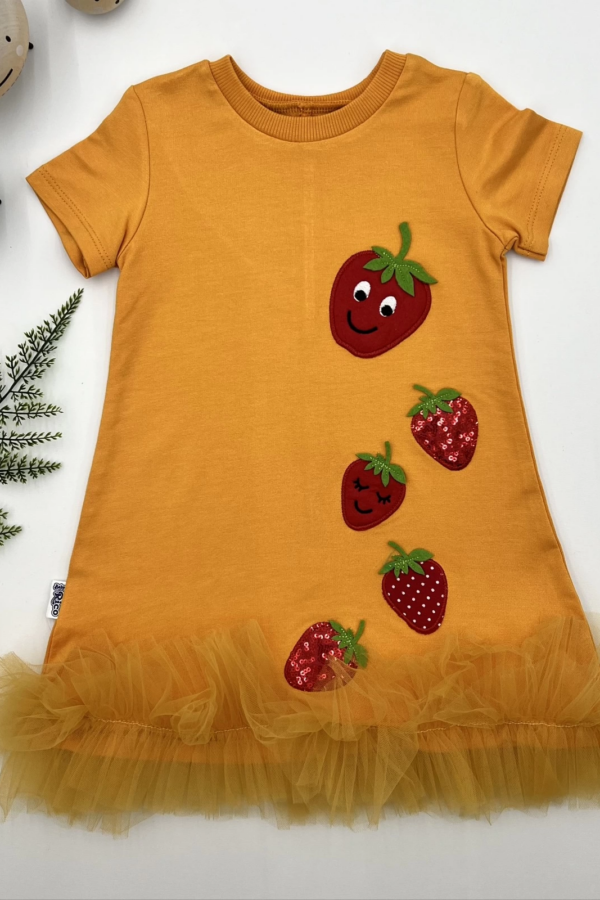 1-2-3 Yaş Payetli Çilekler Nakışlı Eteği Fırfırlı Jile Kız Çocuk Elbisesi Turuncu