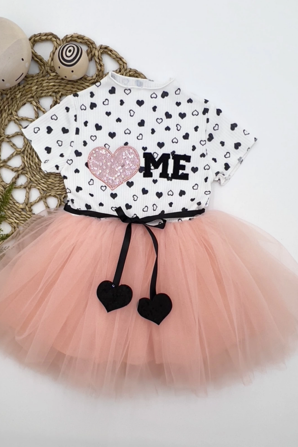 1-2-3 Yaş Payetli Kalp Me Baskılı Kız Bebek Elbisesi Pudra