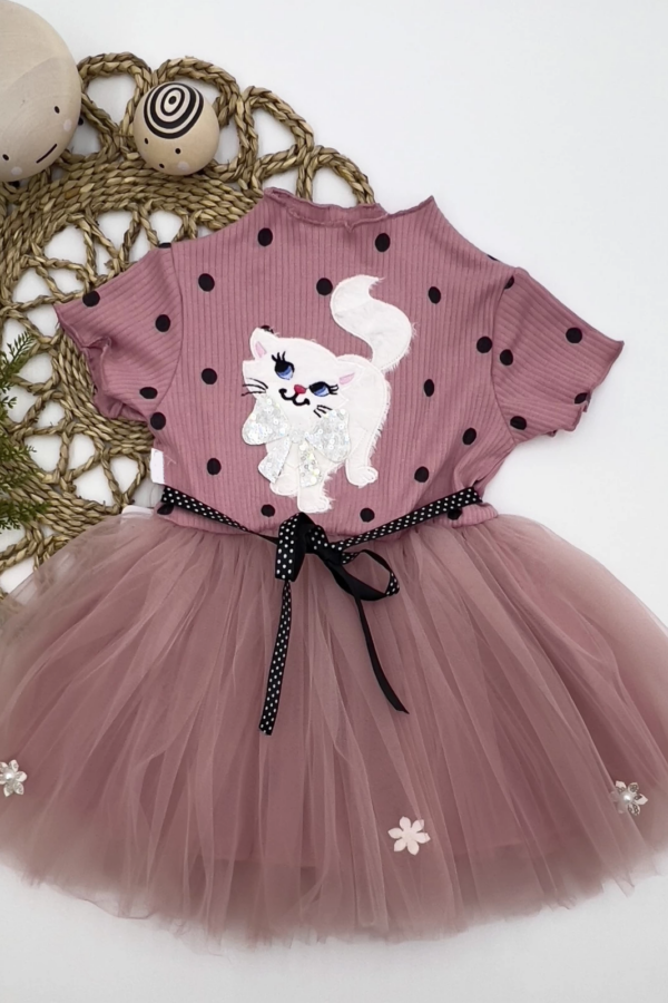 1-2-3 Yaş Payetli Kedicik Baskılı Puantiyeli Kız Bebek Elbisesi Gül Kurusu