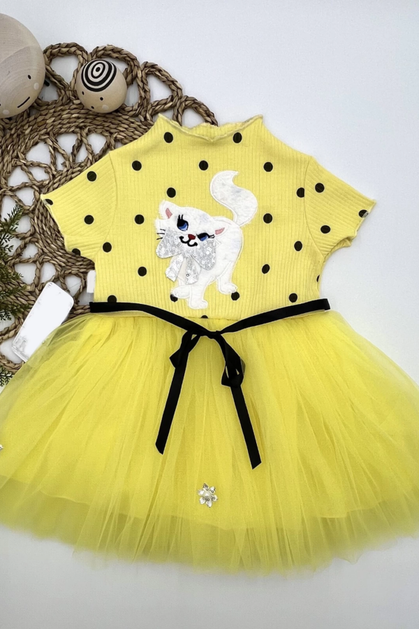 1-2-3 Yaş Payetli Kedicik Baskılı Puantiyeli Kız Bebek Elbisesi Sarı