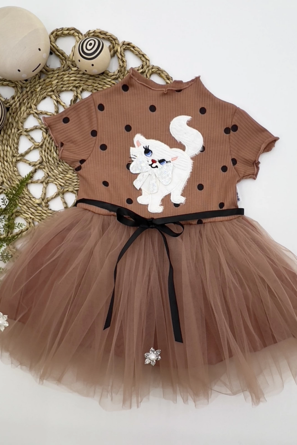 1-2-3 Yaş Payetli Kedicik Baskılı Puantiyeli Kız Bebek Elbisesi Kahverengi