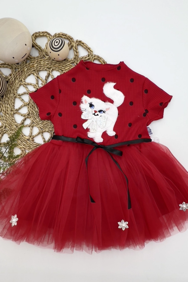 1-2-3 Yaş Payetli Kedicik Baskılı Puantiyeli Kız Bebek Elbisesi Kırmızı
