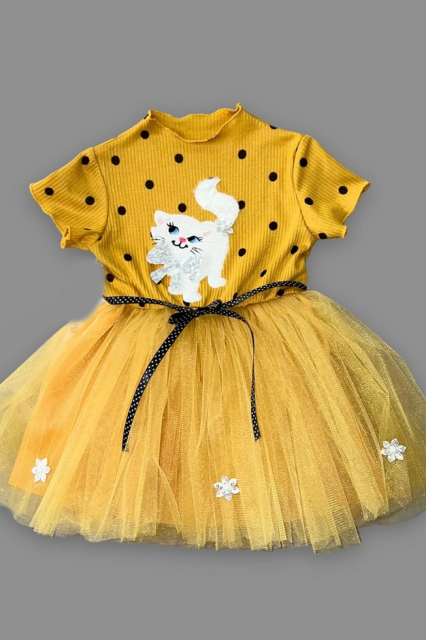 1-2-3 Yaş Payetli Kedicik Baskılı Puantiyeli Kız Bebek Elbisesi Hardal