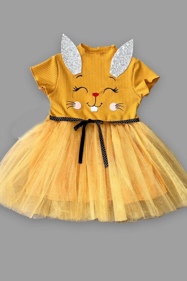 1-2-3 Yaş Payetli Kulak Tavşan Baskılı Kız Bebek Elbisesi Hardal