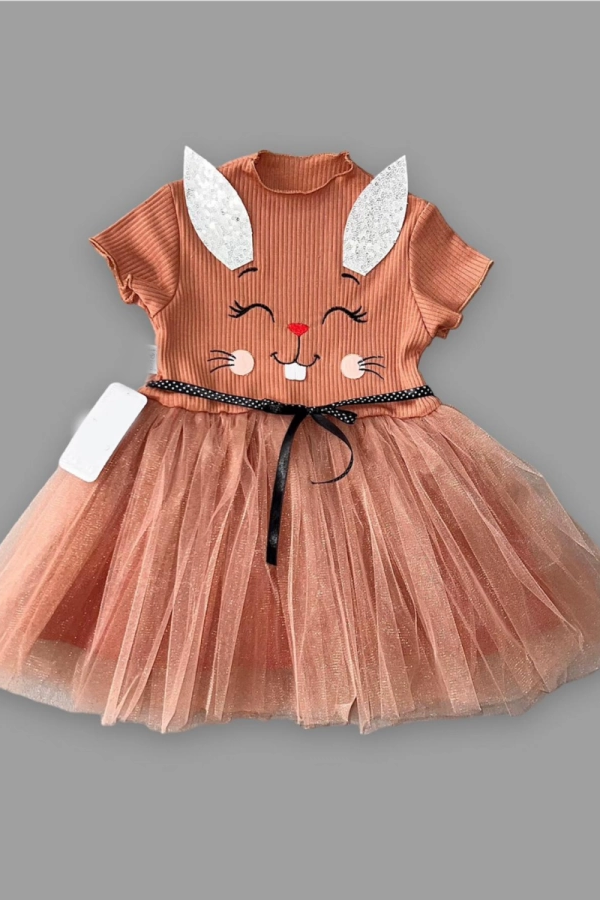 1-2-3 Yaş Payetli Kulak Tavşan Baskılı Kız Bebek Elbisesi Kahverengi