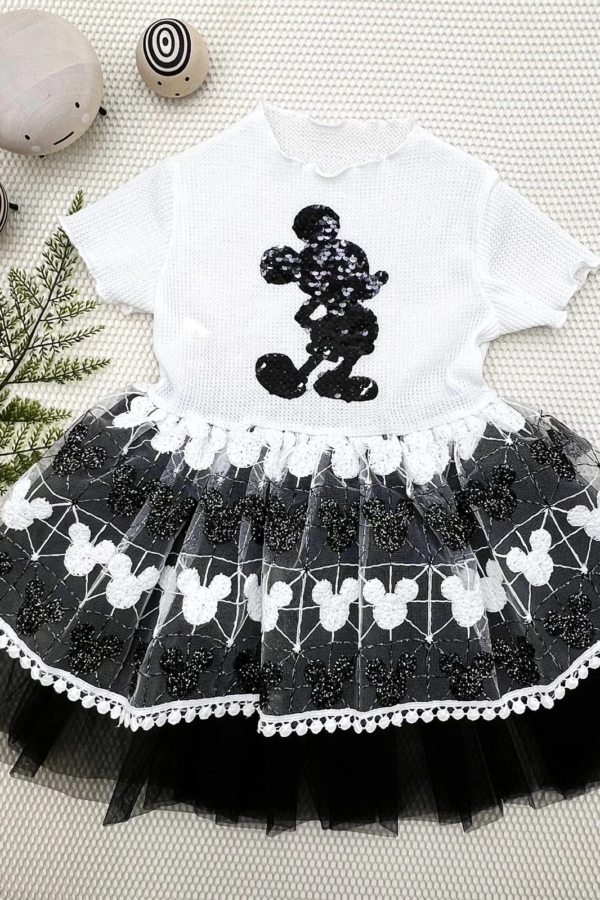 1-2-3 Yaş Payetli Mickey Baskılı Brode Etekli Kız Bebek Elbisesi Siyah