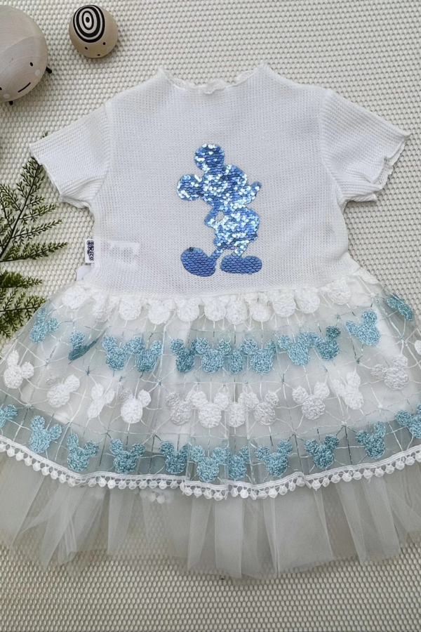 1-2-3 Yaş Payetli Mickey Baskılı Brode Etekli Kız Bebek Elbisesi Turkuaz