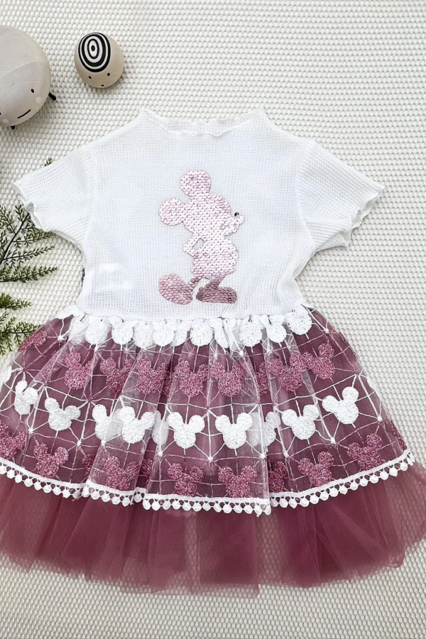 1-2-3 Yaş Payetli Mickey Baskılı Brode Etekli Kız Bebek Elbisesi Rose