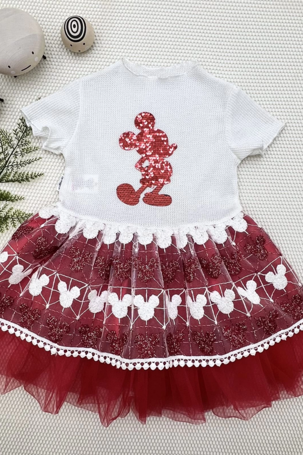 1-2-3 Yaş Payetli Mickey Baskılı Brode Etekli Kız Bebek Elbisesi Kırmızı