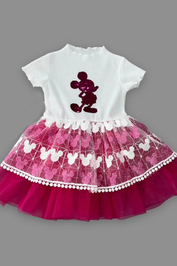 1-2-3 Yaş Payetli Mickey Baskılı Brode Etekli Kız Bebek Elbisesi Fuşya