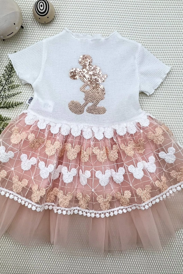 1-2-3 Yaş Payetli Mickey Baskılı Brode Etekli Kız Bebek Elbisesi Pudra