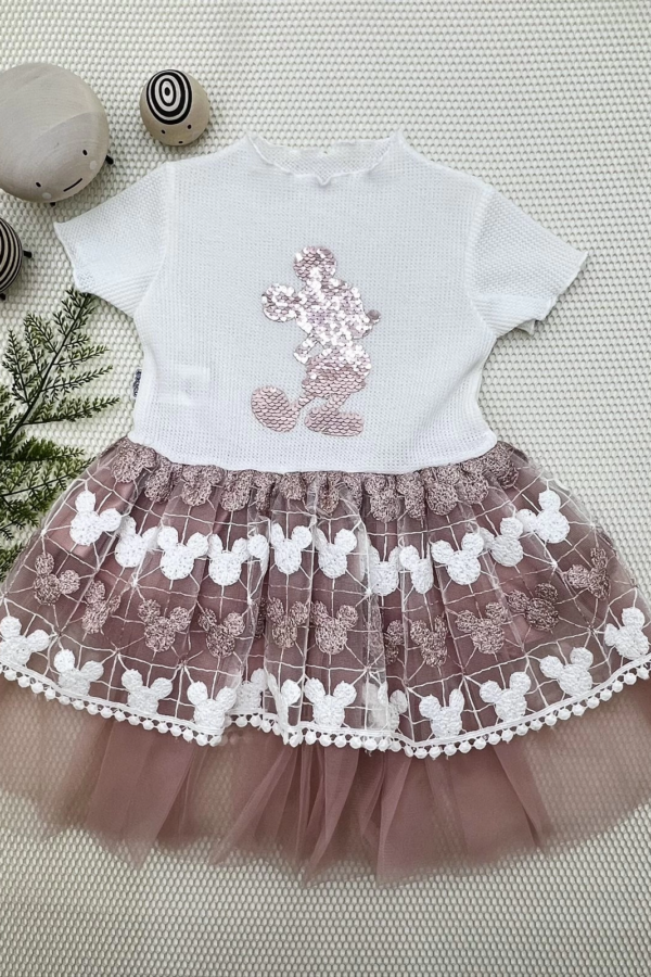 1-2-3 Yaş Payetli Mickey Baskılı Brode Etekli Kız Bebek Elbisesi Gül Kurusu