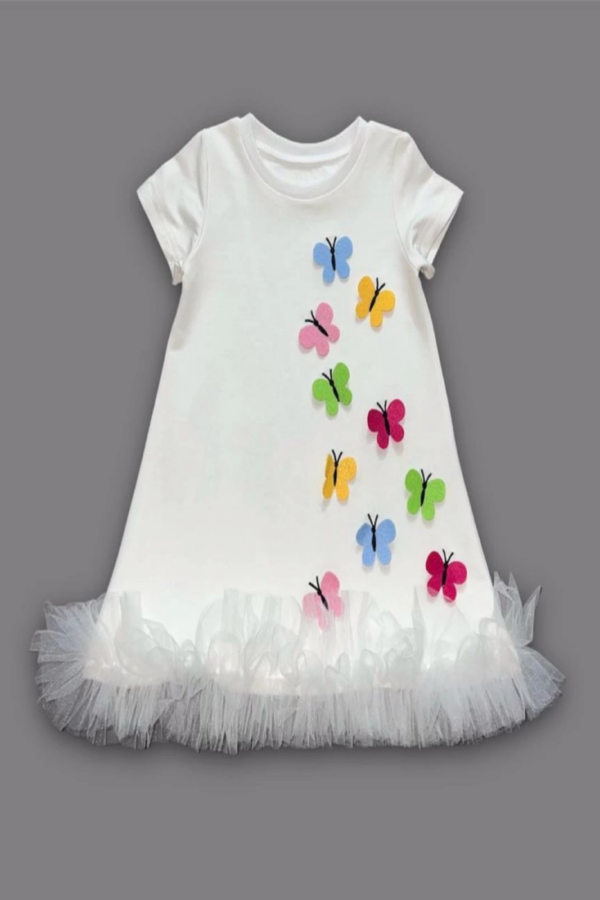 1-2-3 Yaş Renkli Kelebekler Nakışlı Eteği Fırfırlı Jile Çocuk Elbisesi Beyaz