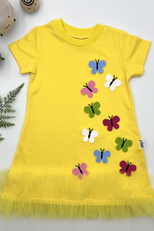 1-2-3 Yaş Renkli Kelebekler Nakışlı Eteği Fırfırlı Jile Çocuk Elbisesi Sarı