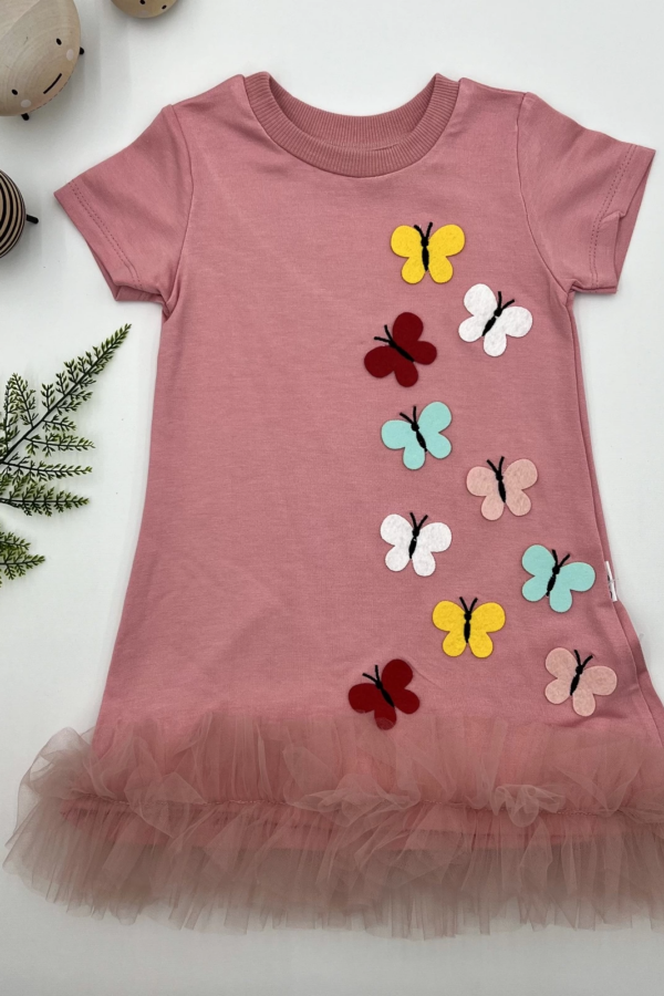 1-2-3 Yaş Renkli Kelebekler Nakışlı Eteği Fırfırlı Jile Çocuk Elbisesi Gül Kurusu