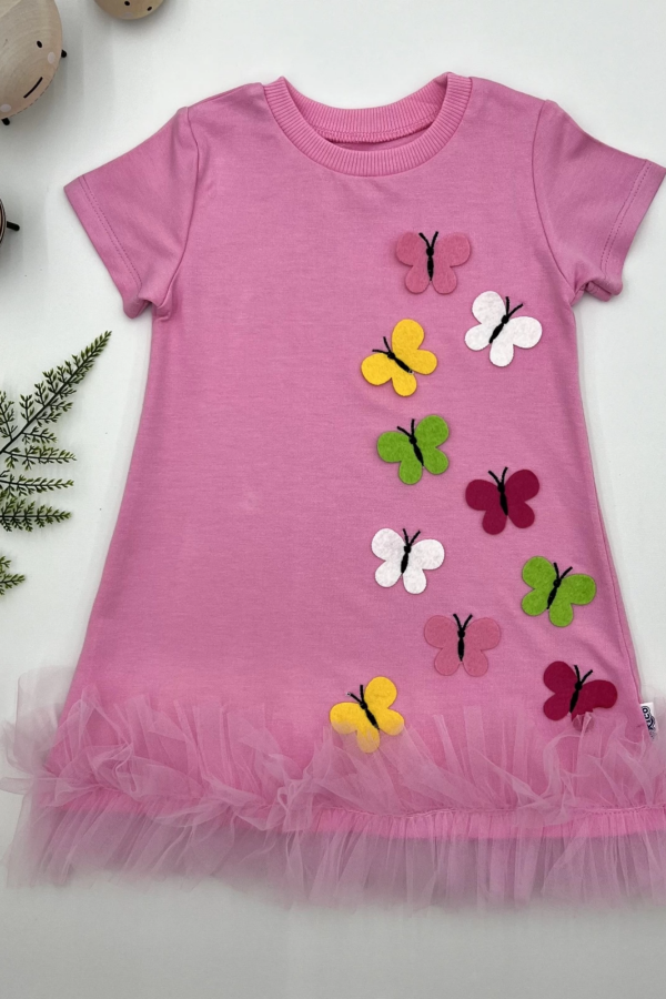 1-2-3 Yaş Renkli Kelebekler Nakışlı Eteği Fırfırlı Jile Çocuk Elbisesi Pembe