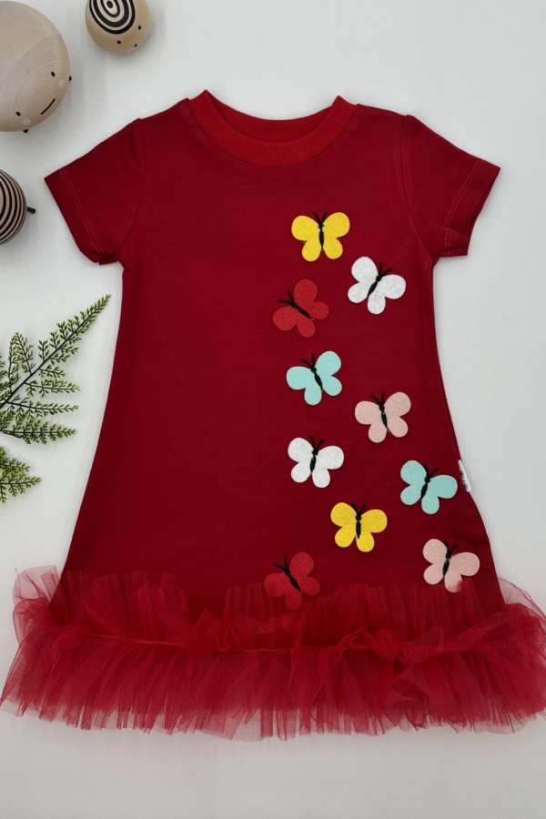 1-2-3 Yaş Renkli Kelebekler Nakışlı Eteği Fırfırlı Jile Çocuk Elbisesi Kırmızı